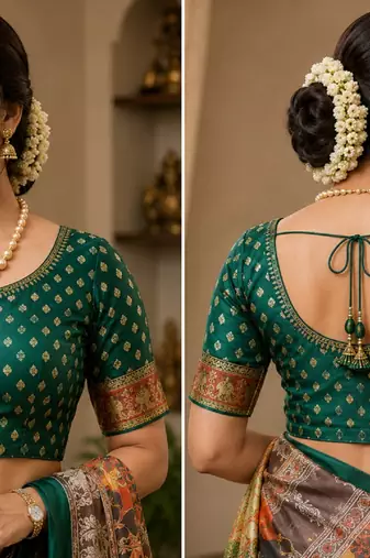 cram green chanderi cotton printed party wear festive 1 minute ready to wear saree with unstitched blouse piece