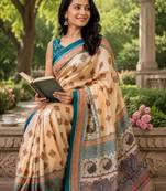 cream turquoise chanderi cotton printed party wear festive 1 minute ready to wear saree with unstitched blouse piece