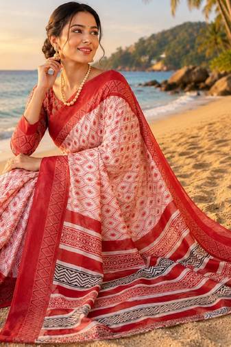 white red chanderi cotton printed  party wear festive 1 minute ready to wear saree with unstitched blouse piece