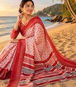 white red chanderi cotton printed  party wear festive 1 minute ready to wear saree with unstitched blouse piece