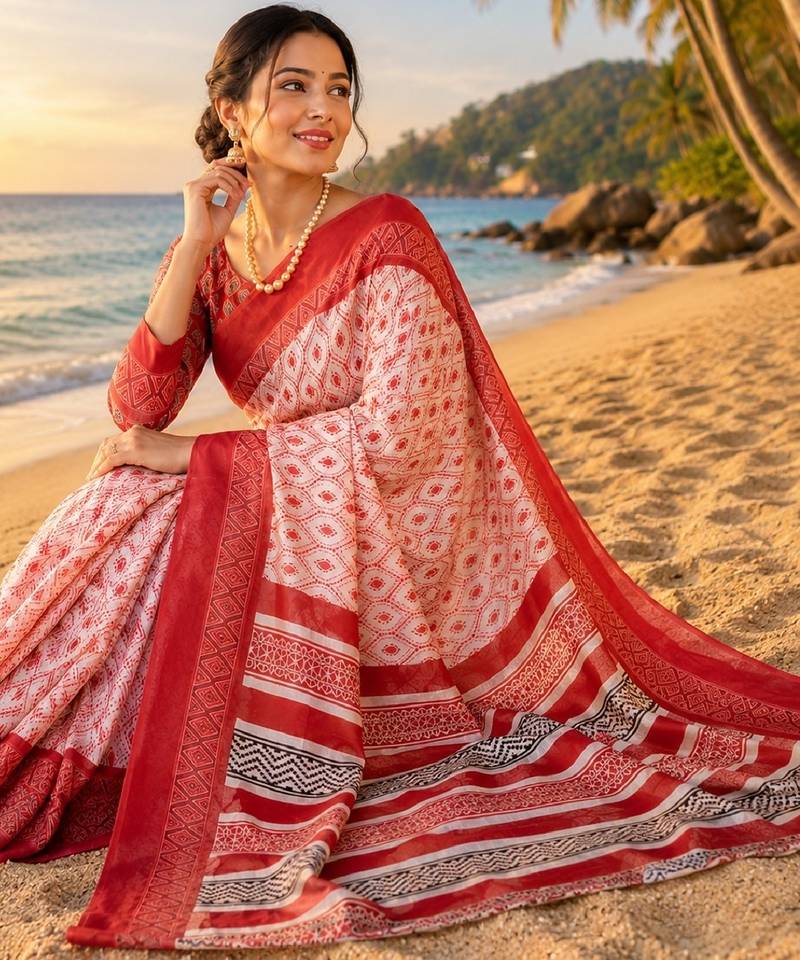 white red chanderi cotton printed  party wear festive 1 minute ready to wear saree with unstitched blouse piece