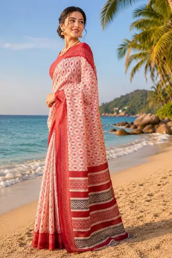 white red chanderi cotton printed party wear festive 1 minute ready to wear saree with unstitched blouse piece