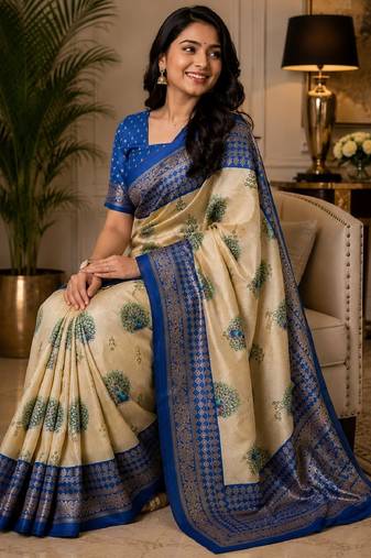 crean blue chanderi cotton printed party wear festive 1 minute ready made saree piece