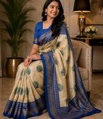 crean blue chanderi cotton printed party wear festive 1 minute ready to wear saree with unstitched blouse piece