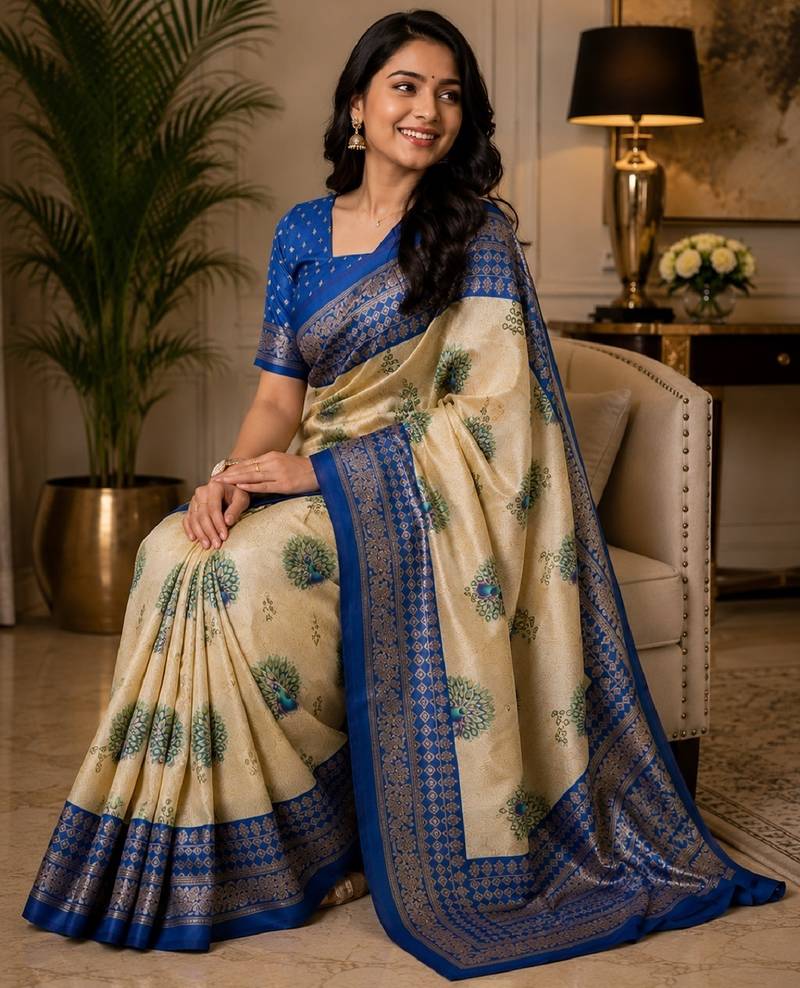 crean blue chanderi cotton printed party wear festive 1 minute ready to wear saree with unstitched blouse piece
