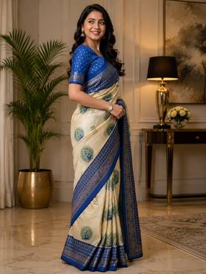 crean blue chanderi cotton printed party wear festive 1 minute ready made saree piece 3