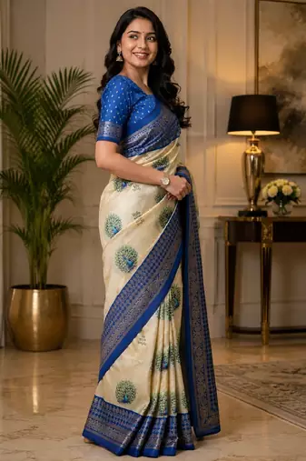 crean blue chanderi cotton printed party wear festive 1 minute ready made saree piece