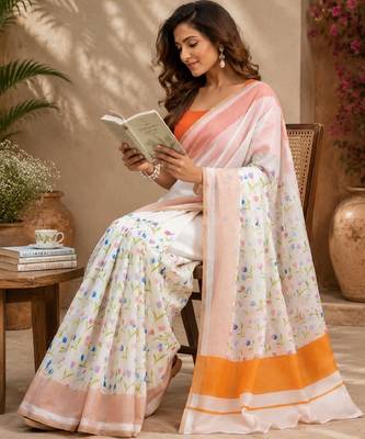 white orange chanderi cotton printed party wear festive 1 minute ready to wear saree with unstitched blouse piece 1