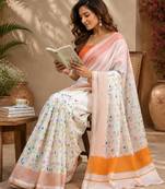 white orange chanderi cotton printed  party wear festive 1 minute ready to wear saree with unstitched blouse piece