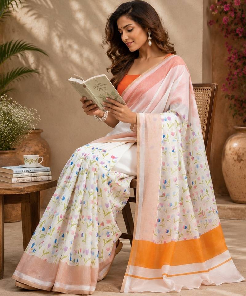white orange chanderi cotton printed  party wear festive 1 minute ready to wear saree with unstitched blouse piece