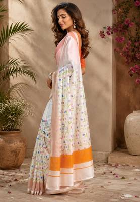 white orange chanderi cotton printed party wear festive 1 minute ready to wear saree with unstitched blouse piece 2