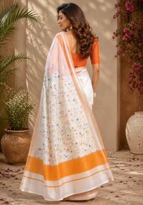 white orange chanderi cotton printed party wear festive 1 minute ready to wear saree with unstitched blouse piece 3