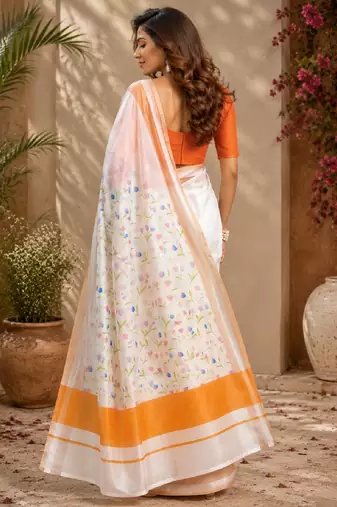 white orange chanderi cotton printed  party wear festive 1 minute ready to wear saree with unstitched blouse piece