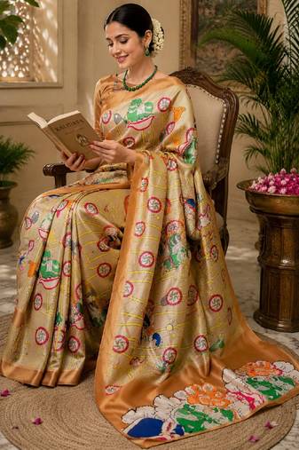 beige chanderi cotton printed  designer party wear festive 1 minute ready to wear saree with unstitched blouse piece