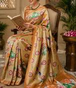 beige chanderi cotton printed  designer party wear festive 1 minute ready to wear saree with unstitched blouse piece
