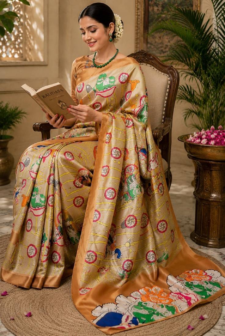 beige chanderi cotton printed  designer party wear festive 1 minute ready to wear saree with unstitched blouse piece