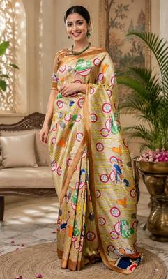beige chanderi cotton printed designer party wear festive 1 minute ready to wear saree with unstitched blouse piece 2