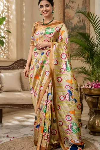 beige chanderi cotton printed  designer party wear festive 1 minute ready to wear saree with unstitched blouse piece