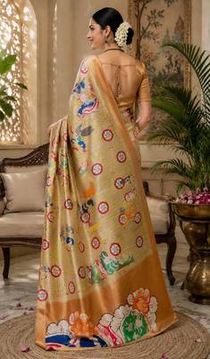 beige chanderi cotton printed designer party wear festive 1 minute ready to wear saree with unstitched blouse piece 4