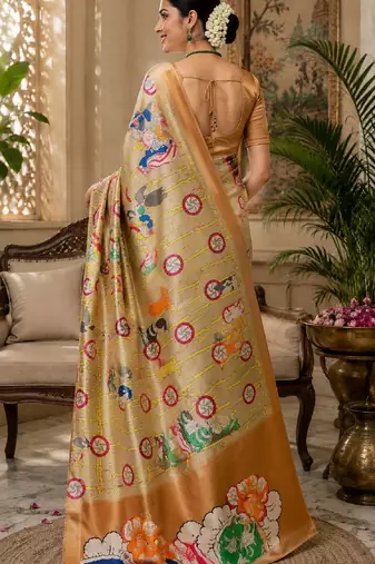 beige chanderi cotton printed  designer party wear festive 1 minute ready to wear saree with unstitched blouse piece