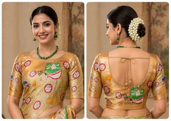 beige chanderi cotton printed designer party wear festive 1 minute ready to wear saree with unstitched blouse piece 5