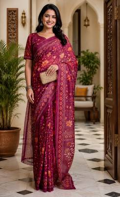 wine chanderi cotton printed work designer party wear festive 1 minute ready to wear saree with unstitched blouse piece 1