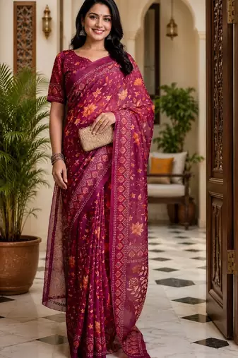 wine chanderi cotton printed work designer party wear festive 1 minute ready to wear saree with unstitched blouse piece