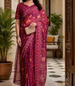 wine chanderi cotton printed work designer party wear festive 1 minute ready to wear saree with unstitched blouse piece