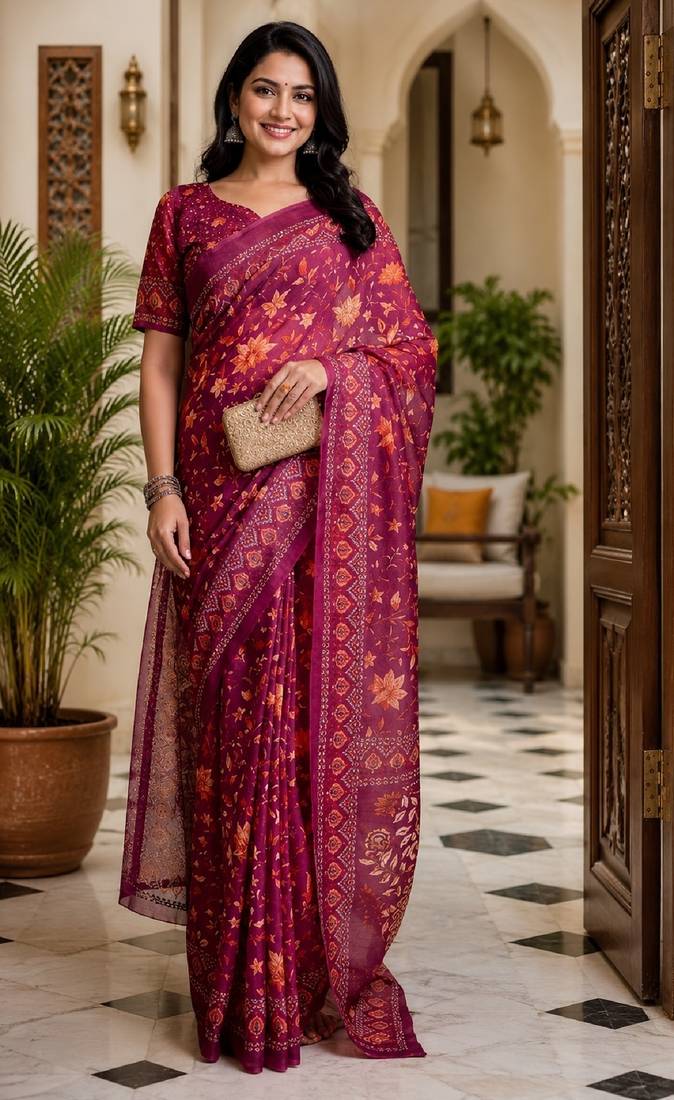 wine chanderi cotton printed work designer party wear festive 1 minute ready to wear saree with unstitched blouse piece