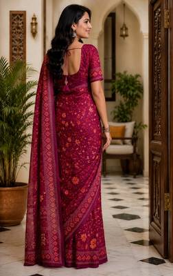 wine chanderi cotton printed work designer party wear festive 1 minute ready to wear saree with unstitched blouse piece 3