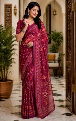 wine chanderi cotton printed work designer party wear festive 1 minute ready to wear saree with unstitched blouse piece 4
