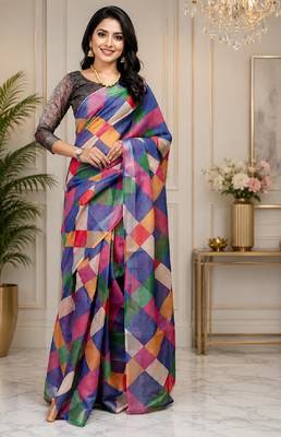 multi color chanderi cotton printed party wear festive 1 minute ready to wear saree with unstitched blouse piece 1