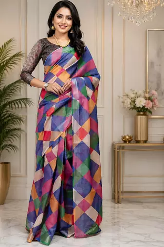 multi color chanderi cotton printed  party wear festive 1 minute ready to wear saree with unstitched blouse piece