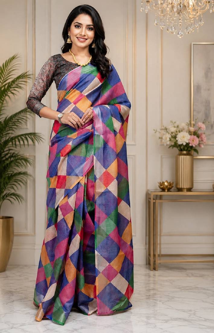 multi color chanderi cotton printed  party wear festive 1 minute ready to wear saree with unstitched blouse piece