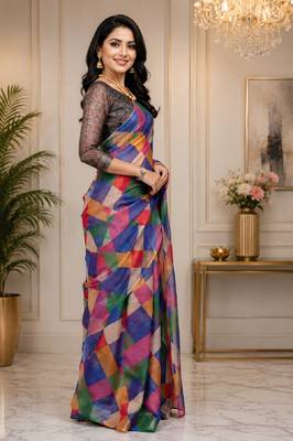 multi color chanderi cotton printed party wear festive 1 minute ready to wear saree with unstitched blouse piece 2