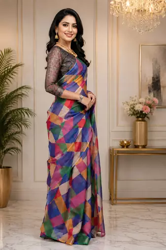 multi color chanderi cotton printed party wear festive 1 minute ready to wear saree with unstitched blouse piece