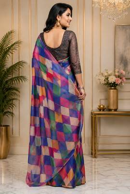multi color chanderi cotton printed party wear festive 1 minute ready to wear saree with unstitched blouse piece 3