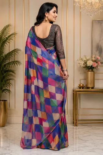 multi color chanderi cotton printed party wear festive 1 minute ready to wear saree with unstitched blouse piece