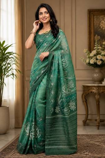 green chanderi cotton printed party wear festive 1 minute ready to wear saree with unstitched blouse piece
