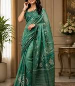 green chanderi cotton printed  party wear festive 1 minute ready to wear saree with unstitched blouse piece
