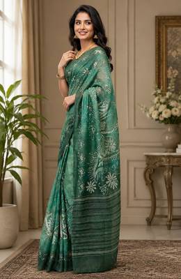 green chanderi cotton printed party wear festive 1 minute ready to wear saree with unstitched blouse piece 4