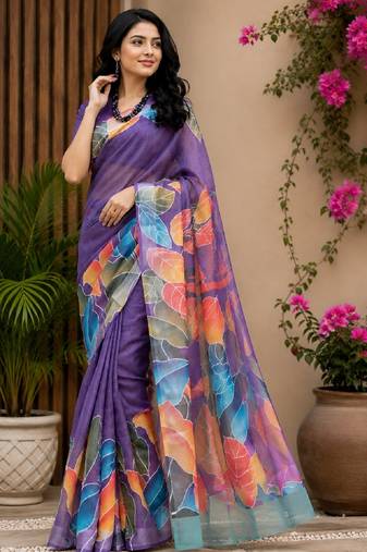 purple chanderi cotton printed party wear festive 1 minute pre draped saree piece