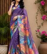 purple chanderi cotton printed party wear festive 1 minute ready to wear saree with unstitched blouse piece