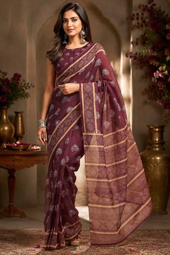 wine chanderi cotton printed work designer party wear festive 1 minute ready to wear saree with unstitched blouse piece