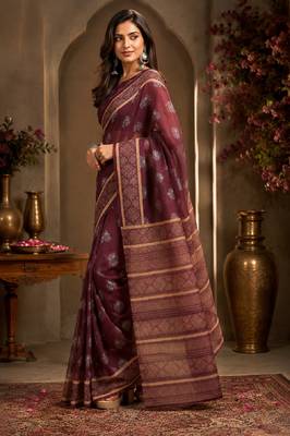 wine chanderi cotton printed work designer party wear festive 1 minute ready to wear saree with unstitched blouse piece 2