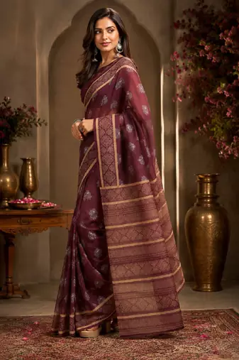 wine chanderi cotton printed work designer party wear festive 1 minute ready to wear saree with unstitched blouse piece