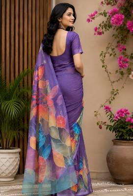 purple chanderi cotton printed party wear festive 1 minute pre draped saree piece 3