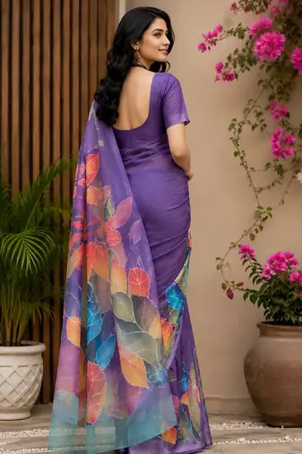 purple chanderi cotton printed party wear festive 1 minute pre draped saree piece