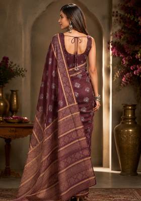 wine chanderi cotton printed work designer party wear festive 1 minute ready to wear saree with unstitched blouse piece 3