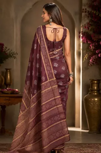 wine chanderi cotton printed work designer party wear festive 1 minute ready to wear saree with unstitched blouse piece
